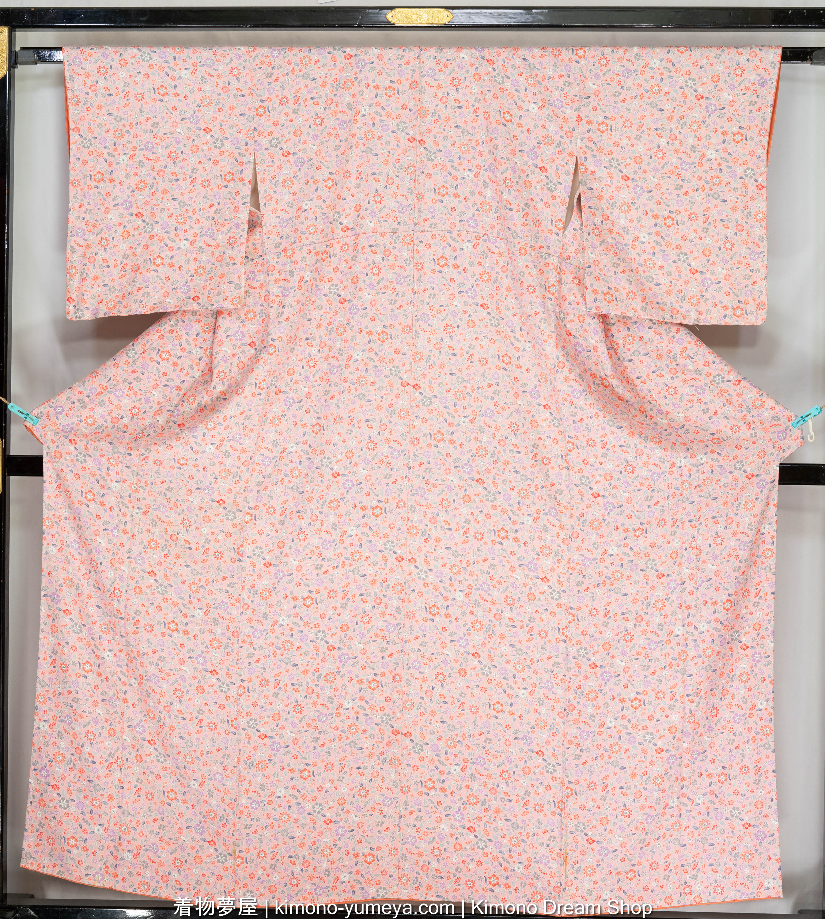 Pink Chirimen Silk Women's Kimono with Hand-Painted Chrysanthemums, Peonies, Camellias - Multitude of Tiny Flowers - Vintage Japanese Gown