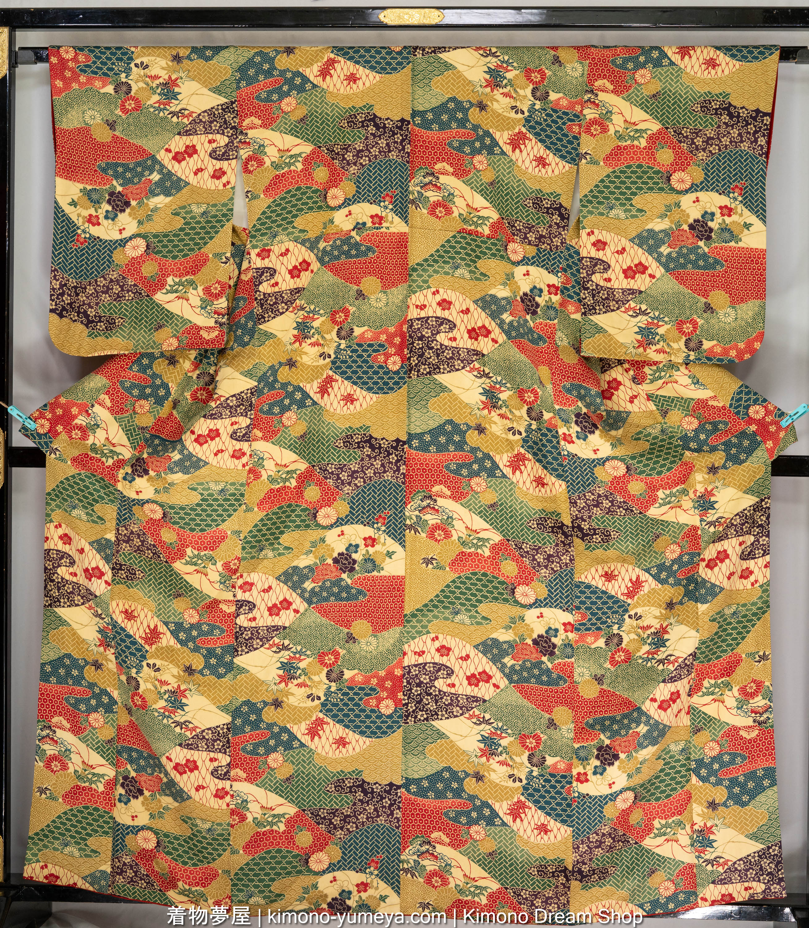 Vintage Autumn Women's Kimono with Flowers & Japanese Patterns in Ocean Waves - Seigaiha, Kiku, Vines, Umezakura, Botan, Kikkou, Shippou