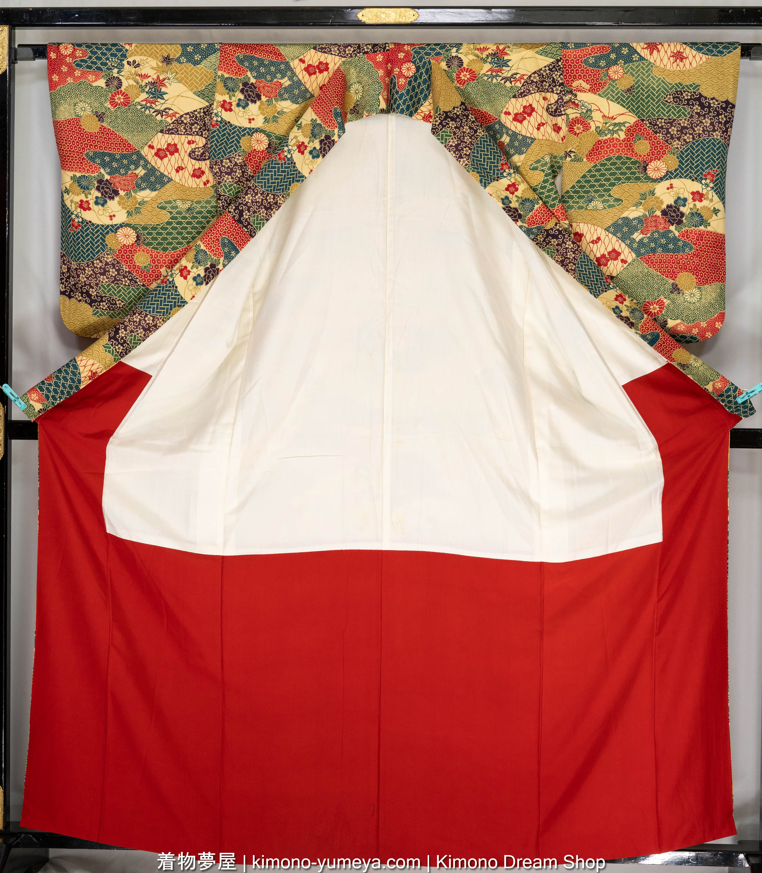 Vintage Autumn Women's Kimono with Flowers & Japanese Patterns in Ocean Waves - Seigaiha, Kiku, Vines, Umezakura, Botan, Kikkou, Shippou