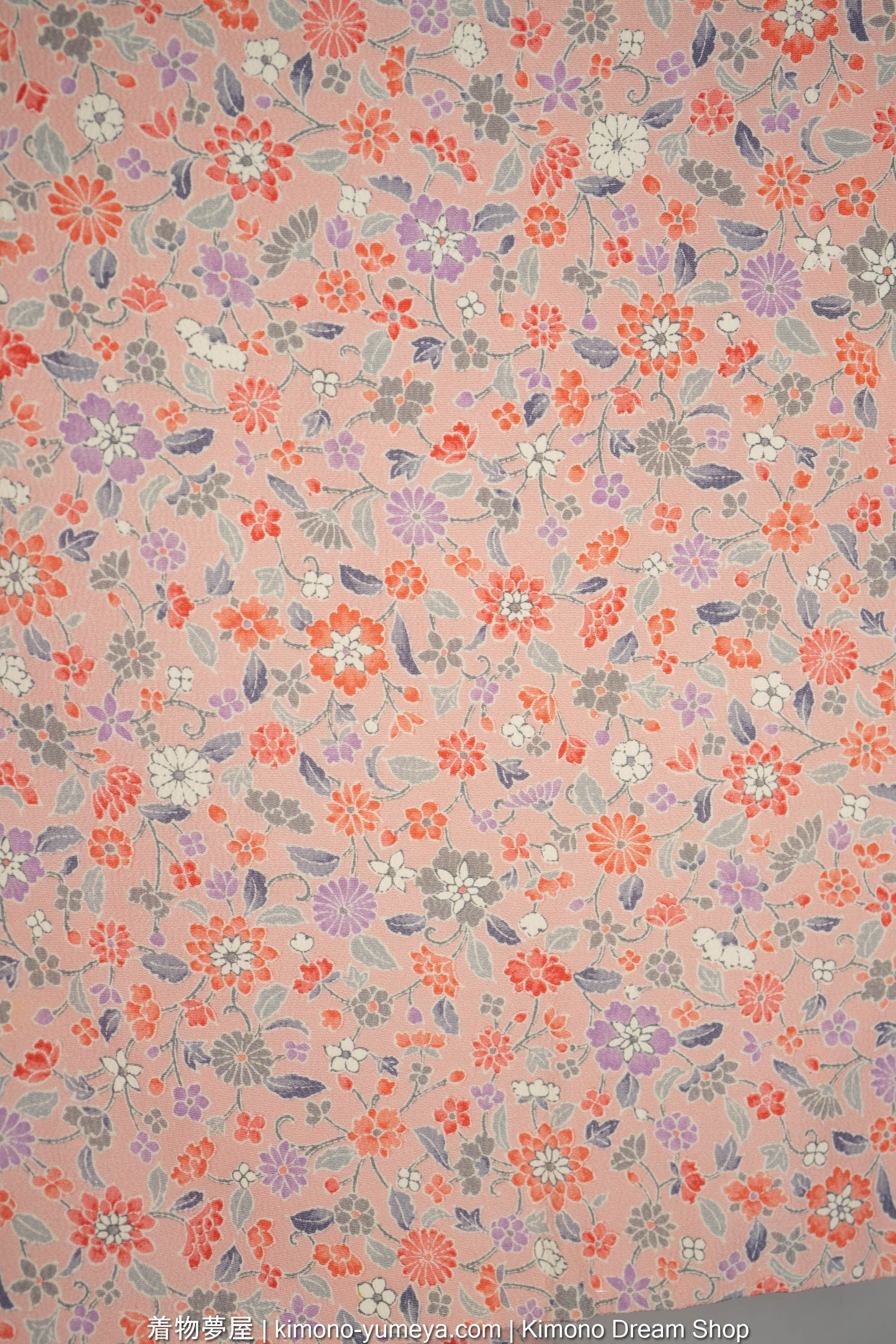 Pink Chirimen Silk Women's Kimono with Hand-Painted Chrysanthemums, Peonies, Camellias - Multitude of Tiny Flowers - Vintage Japanese Gown