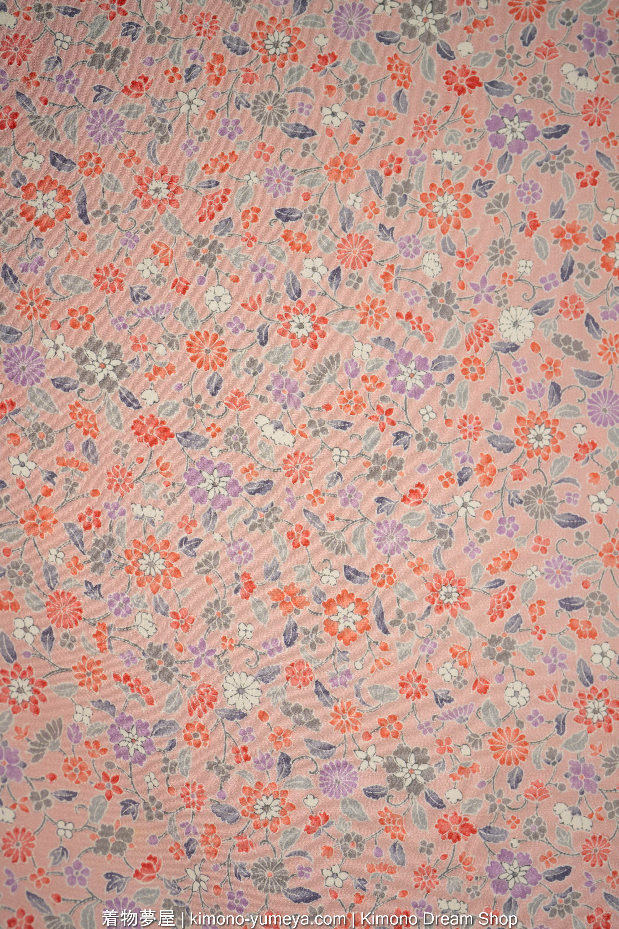 Pink Chirimen Silk Women's Kimono with Hand-Painted Chrysanthemums, Peonies, Camellias - Multitude of Tiny Flowers - Vintage Japanese Gown