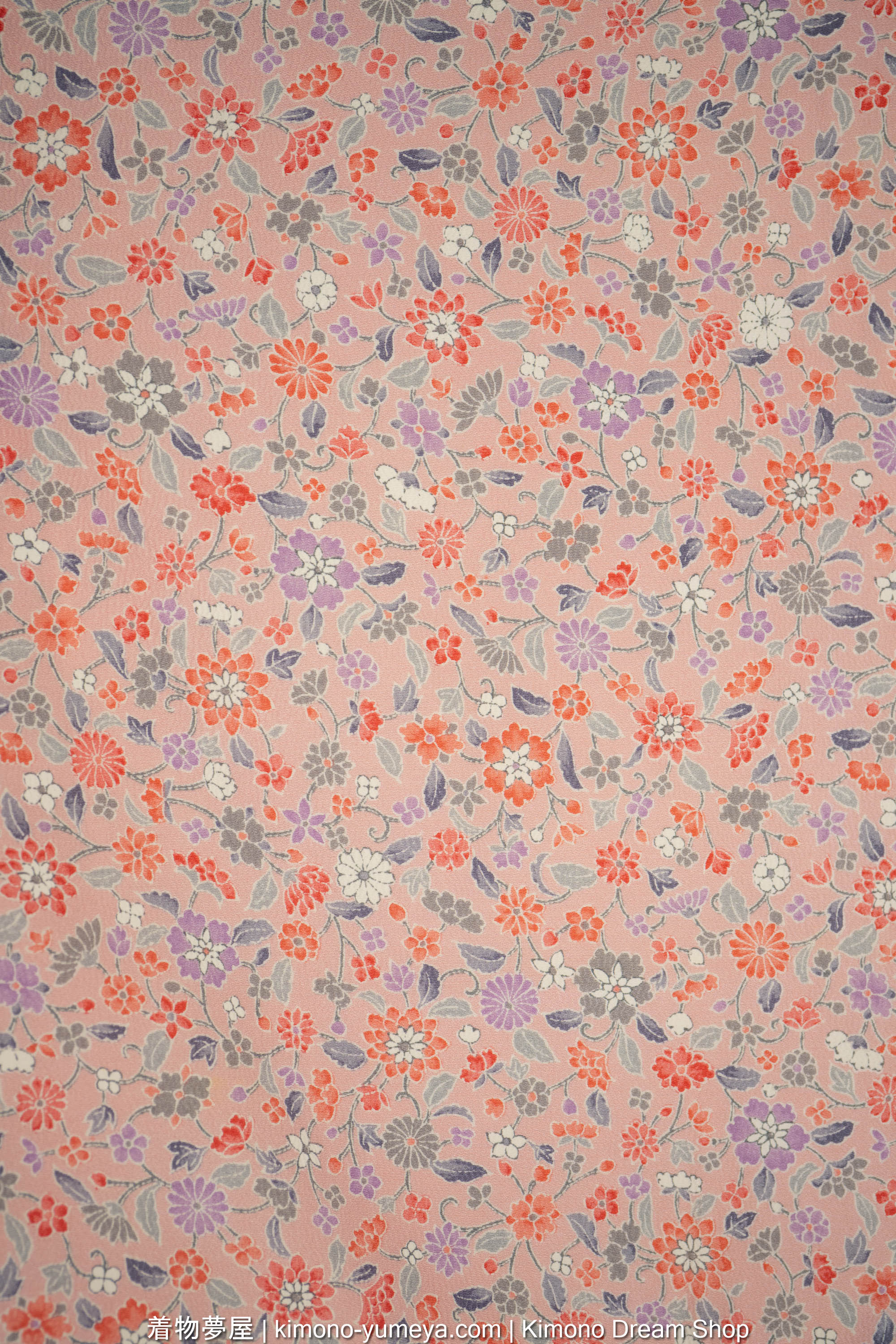 Pink Chirimen Silk Women's Kimono with Hand-Painted Chrysanthemums, Peonies, Camellias - Multitude of Tiny Flowers - Vintage Japanese Gown