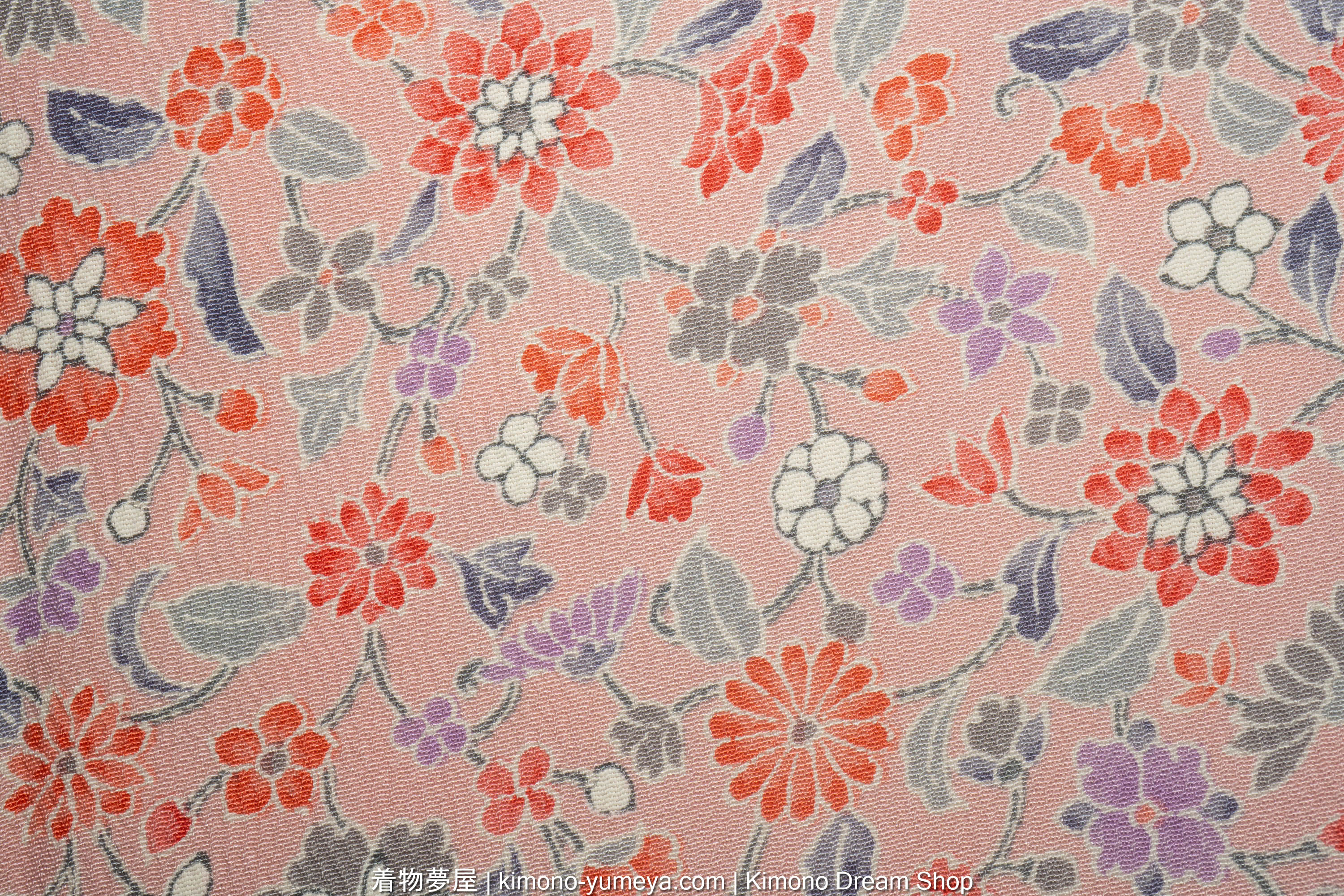 Pink Chirimen Silk Women's Kimono with Hand-Painted Chrysanthemums, Peonies, Camellias - Multitude of Tiny Flowers - Vintage Japanese Gown