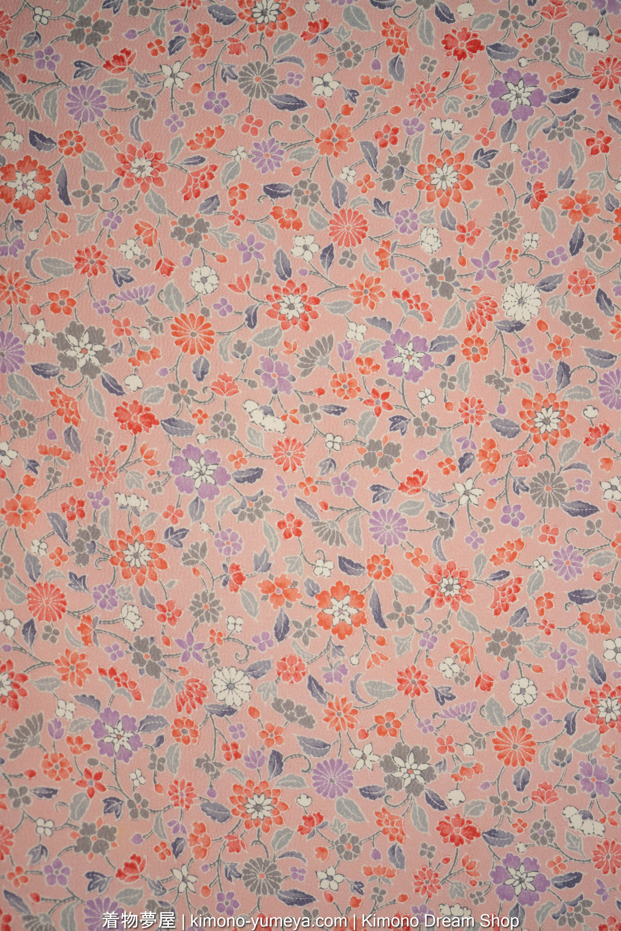 Pink Chirimen Silk Women's Kimono with Hand-Painted Chrysanthemums, Peonies, Camellias - Multitude of Tiny Flowers - Vintage Japanese Gown