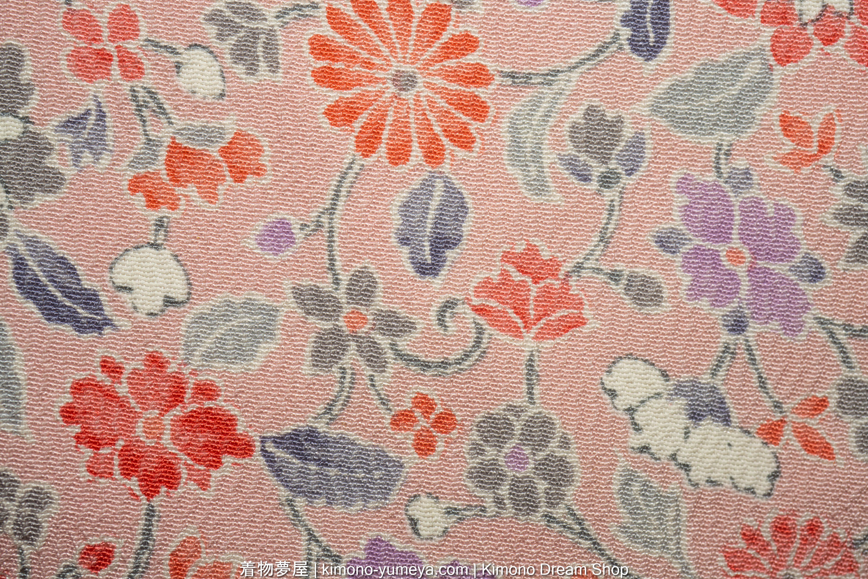 Pink Chirimen Silk Women's Kimono with Hand-Painted Chrysanthemums, Peonies, Camellias - Multitude of Tiny Flowers - Vintage Japanese Gown