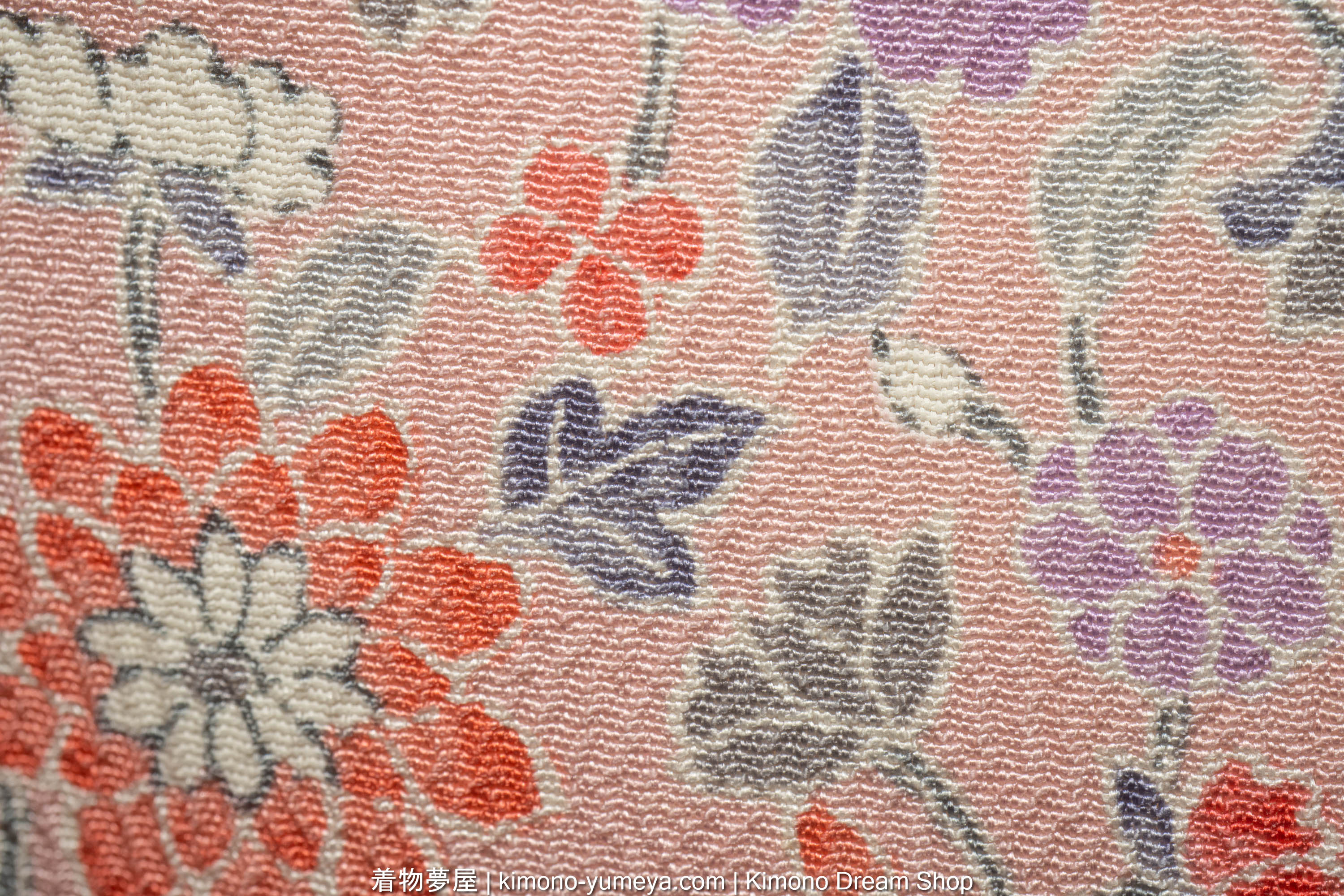 Pink Chirimen Silk Women's Kimono with Hand-Painted Chrysanthemums, Peonies, Camellias - Multitude of Tiny Flowers - Vintage Japanese Gown