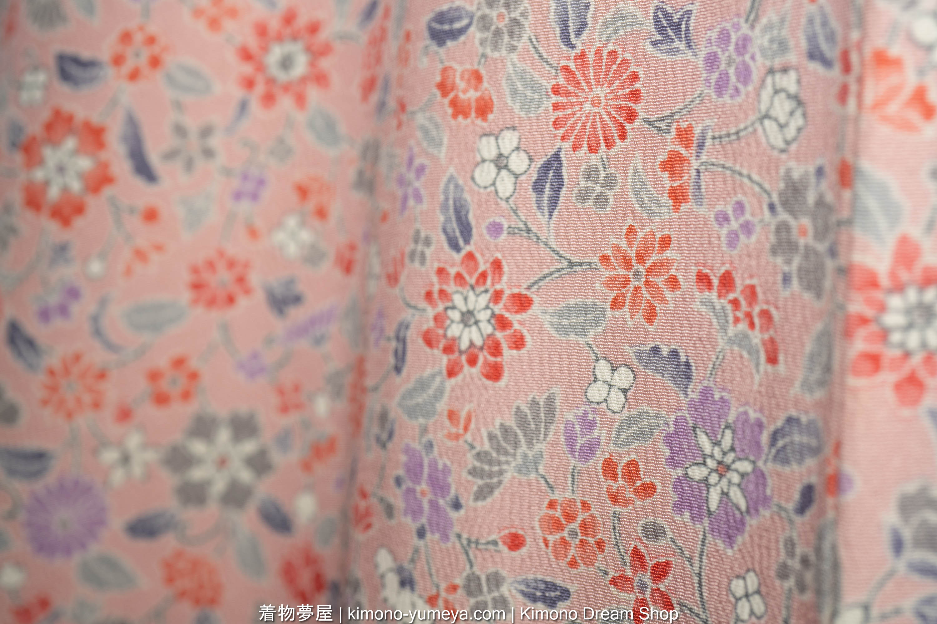 Pink Chirimen Silk Women's Kimono with Hand-Painted Chrysanthemums, Peonies, Camellias - Multitude of Tiny Flowers - Vintage Japanese Gown