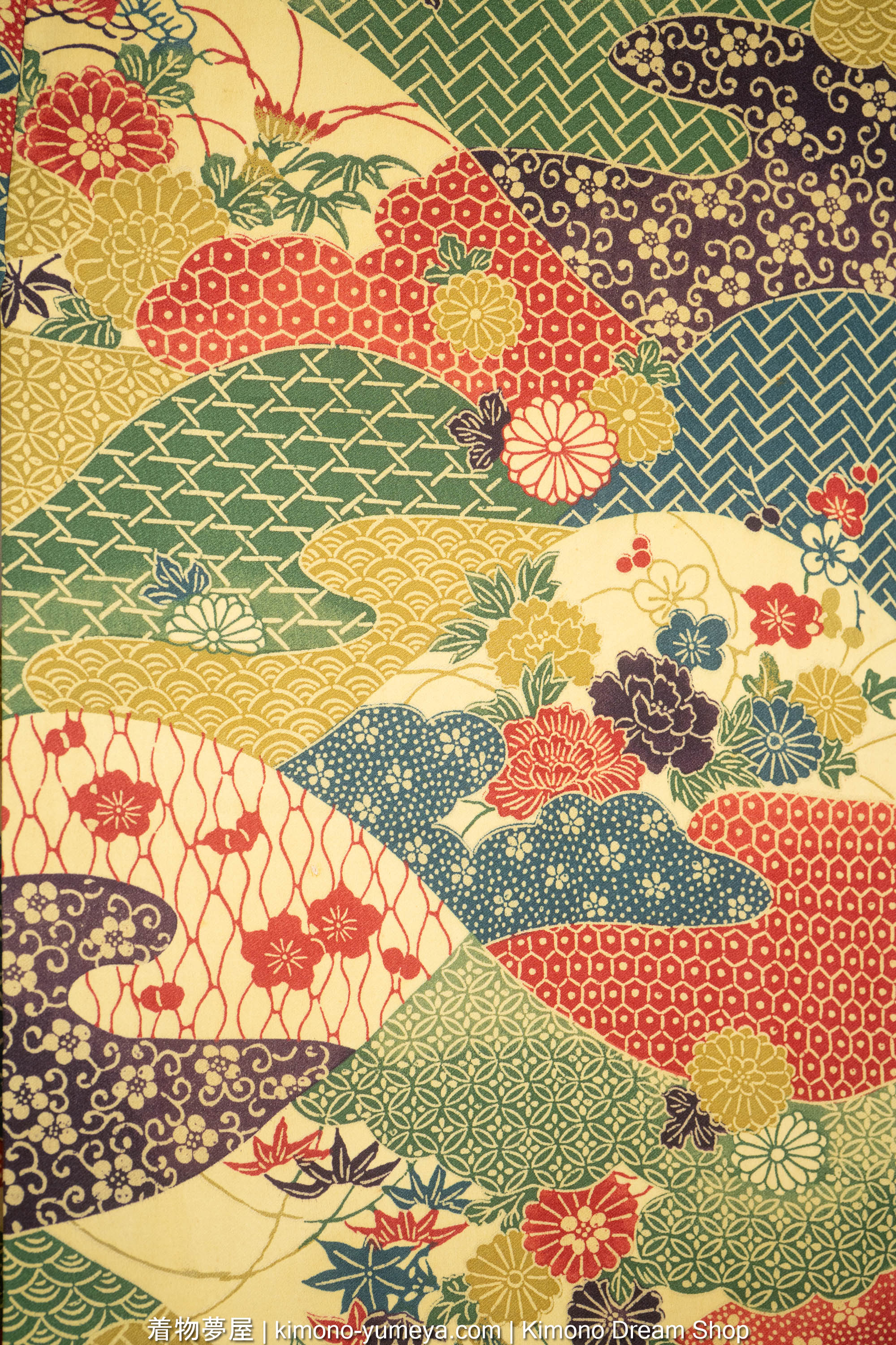 Vintage Autumn Women's Kimono with Flowers & Japanese Patterns in Ocean Waves - Seigaiha, Kiku, Vines, Umezakura, Botan, Kikkou, Shippou
