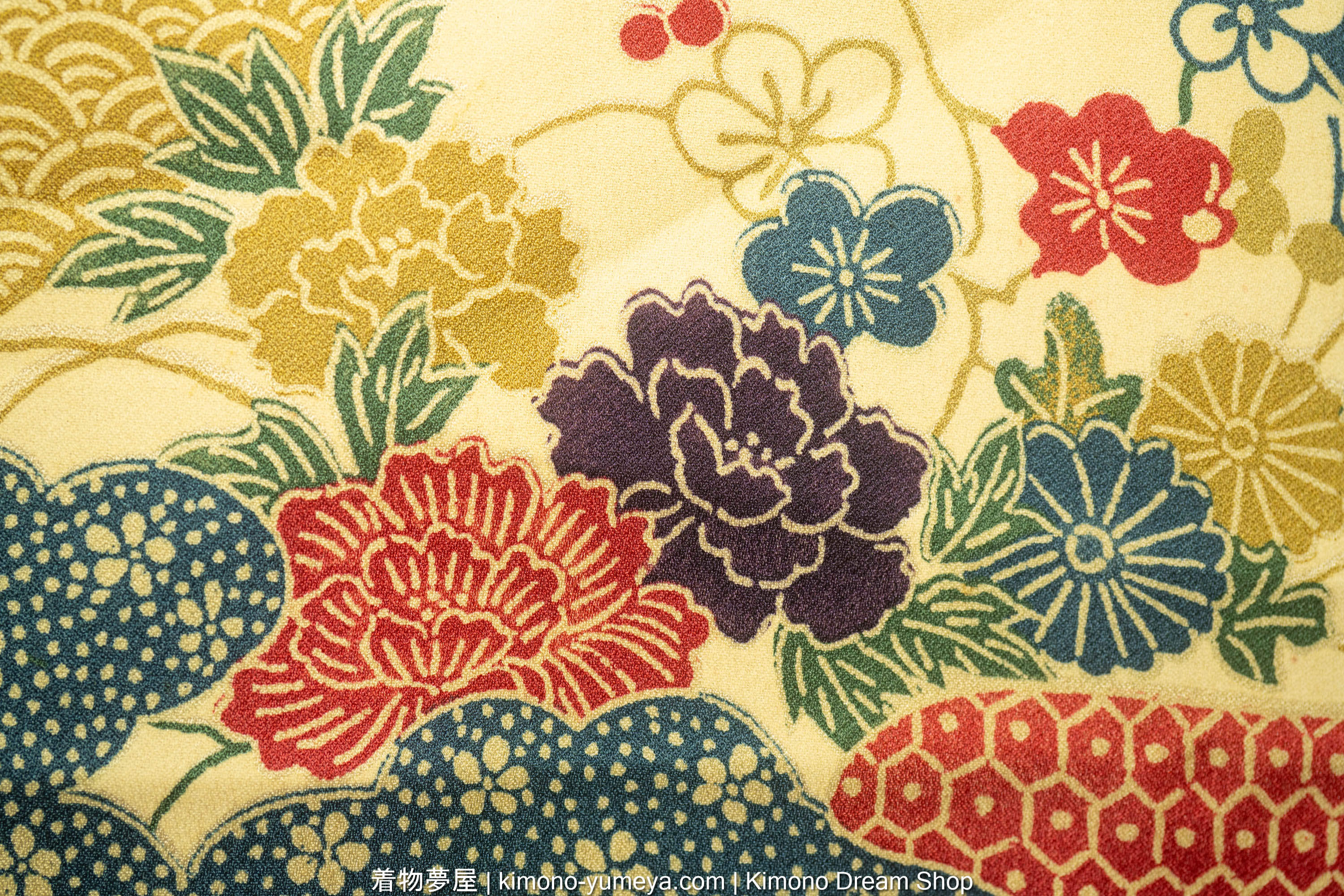 Vintage Autumn Women's Kimono with Flowers & Japanese Patterns in Ocean Waves - Seigaiha, Kiku, Vines, Umezakura, Botan, Kikkou, Shippou