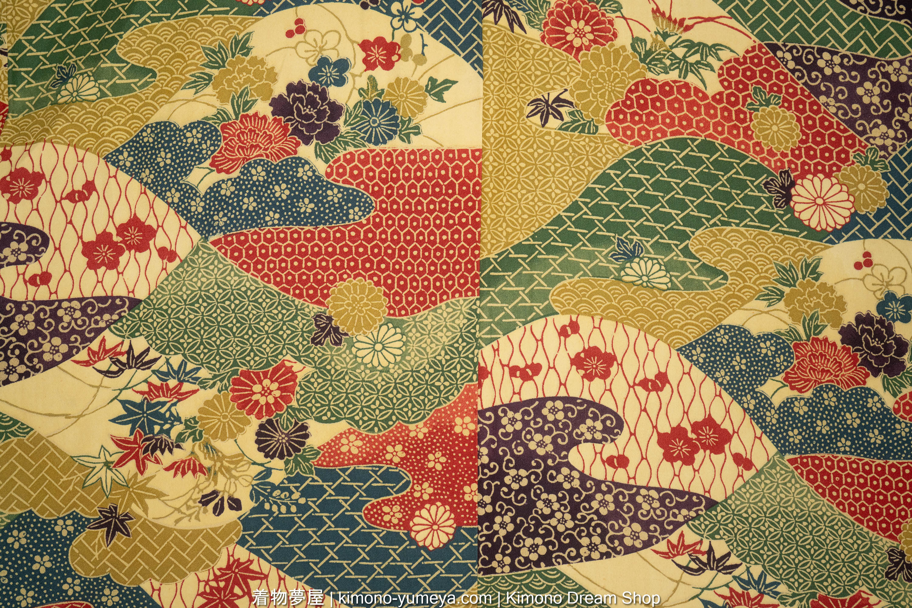 Vintage Autumn Women's Kimono with Flowers & Japanese Patterns in Ocean Waves - Seigaiha, Kiku, Vines, Umezakura, Botan, Kikkou, Shippou