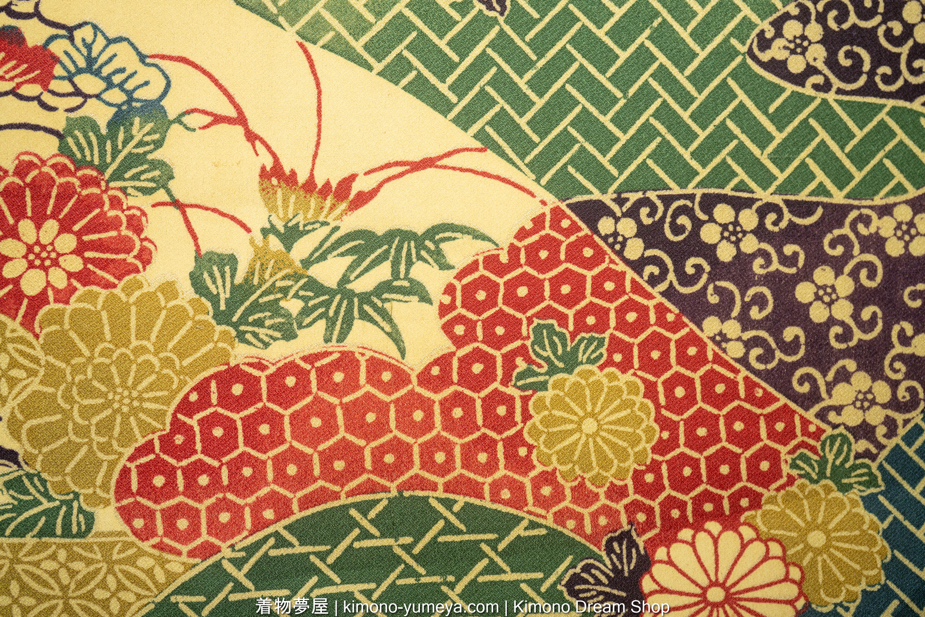 Vintage Autumn Women's Kimono with Flowers & Japanese Patterns in Ocean Waves - Seigaiha, Kiku, Vines, Umezakura, Botan, Kikkou, Shippou