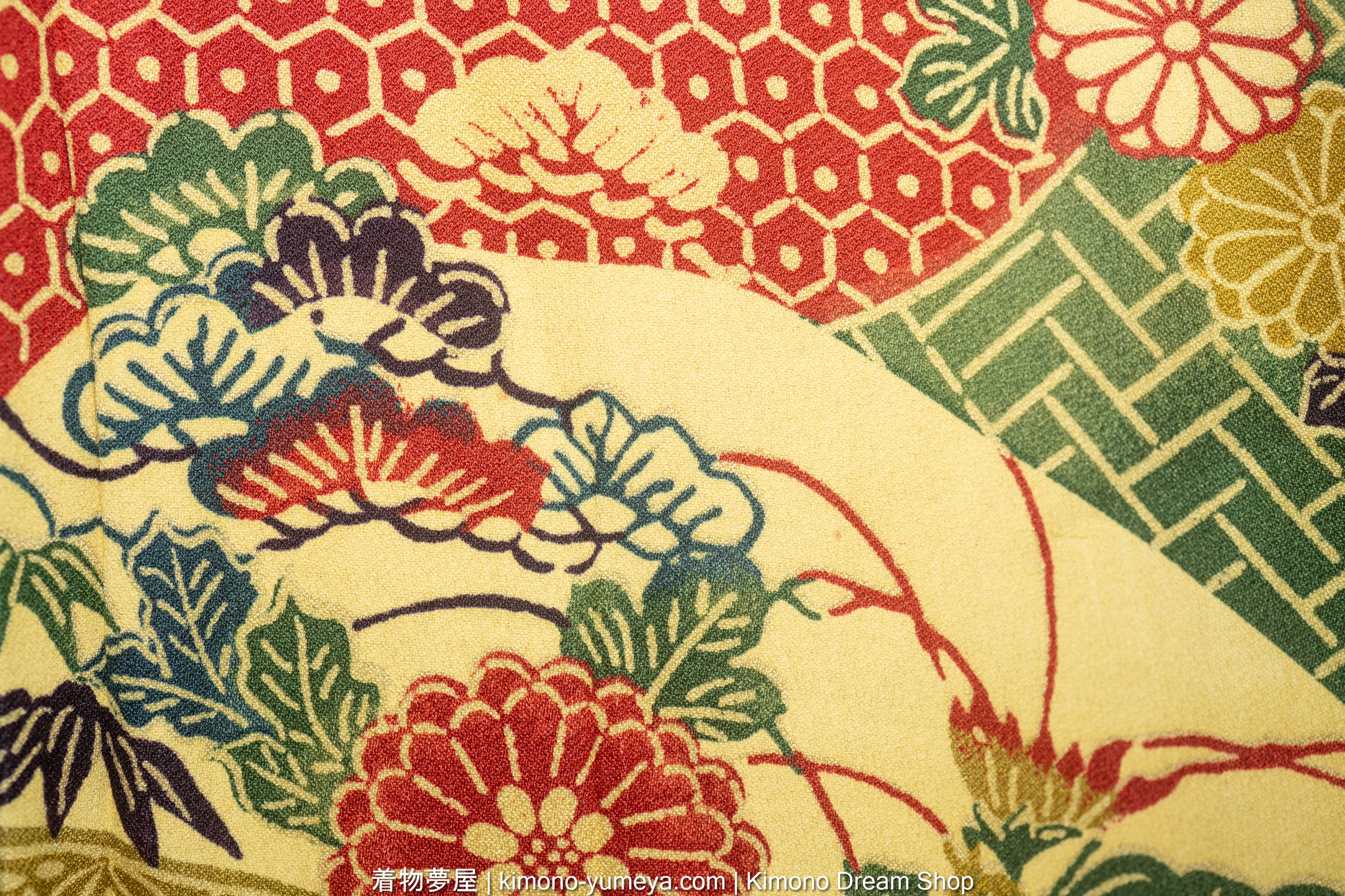 Vintage Autumn Women's Kimono with Flowers & Japanese Patterns in Ocean Waves - Seigaiha, Kiku, Vines, Umezakura, Botan, Kikkou, Shippou