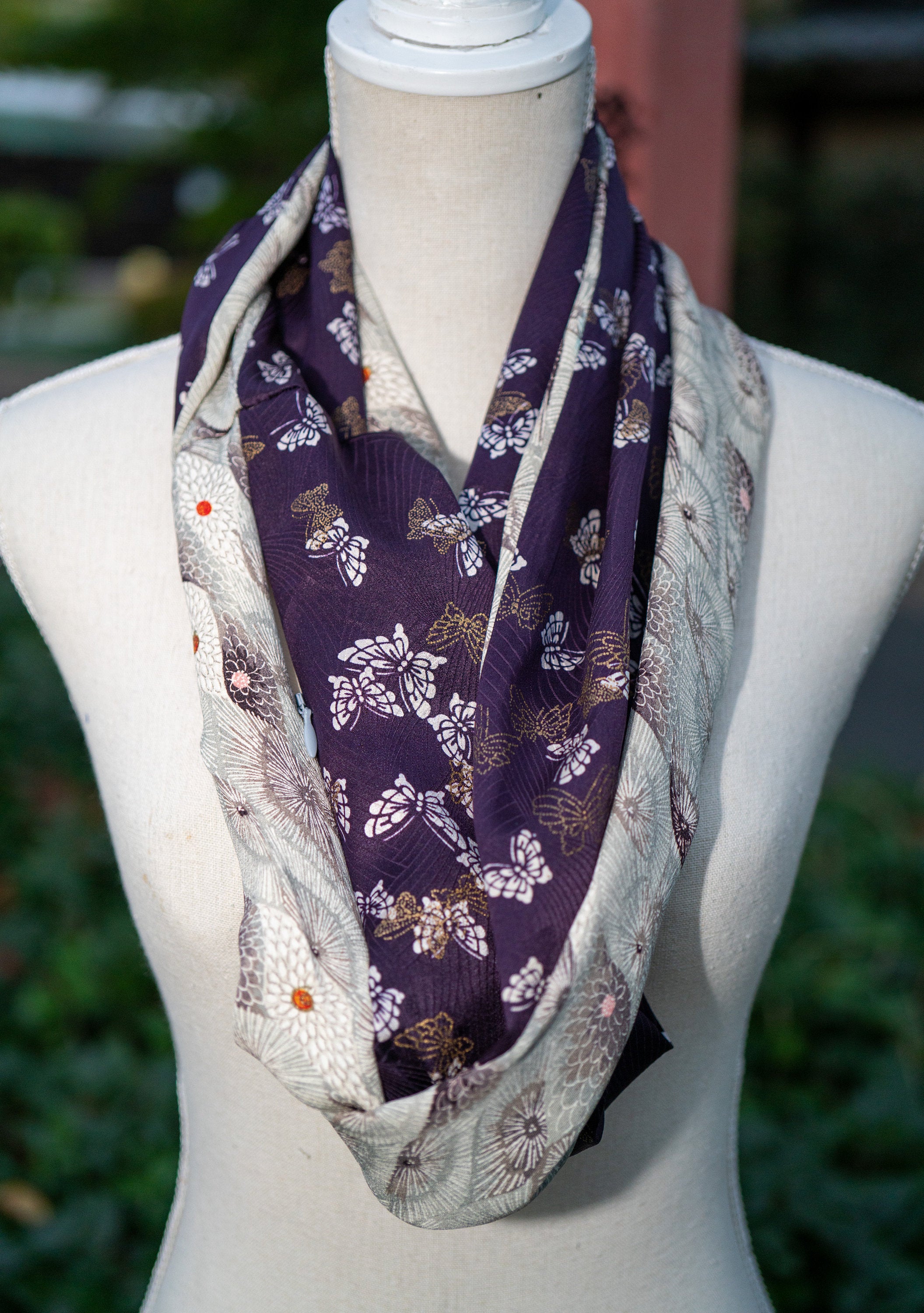 Reversible Hidden Pocket Infinity Scarf made from Vintage Silk Kimonos Purple with Gold Butterflies
