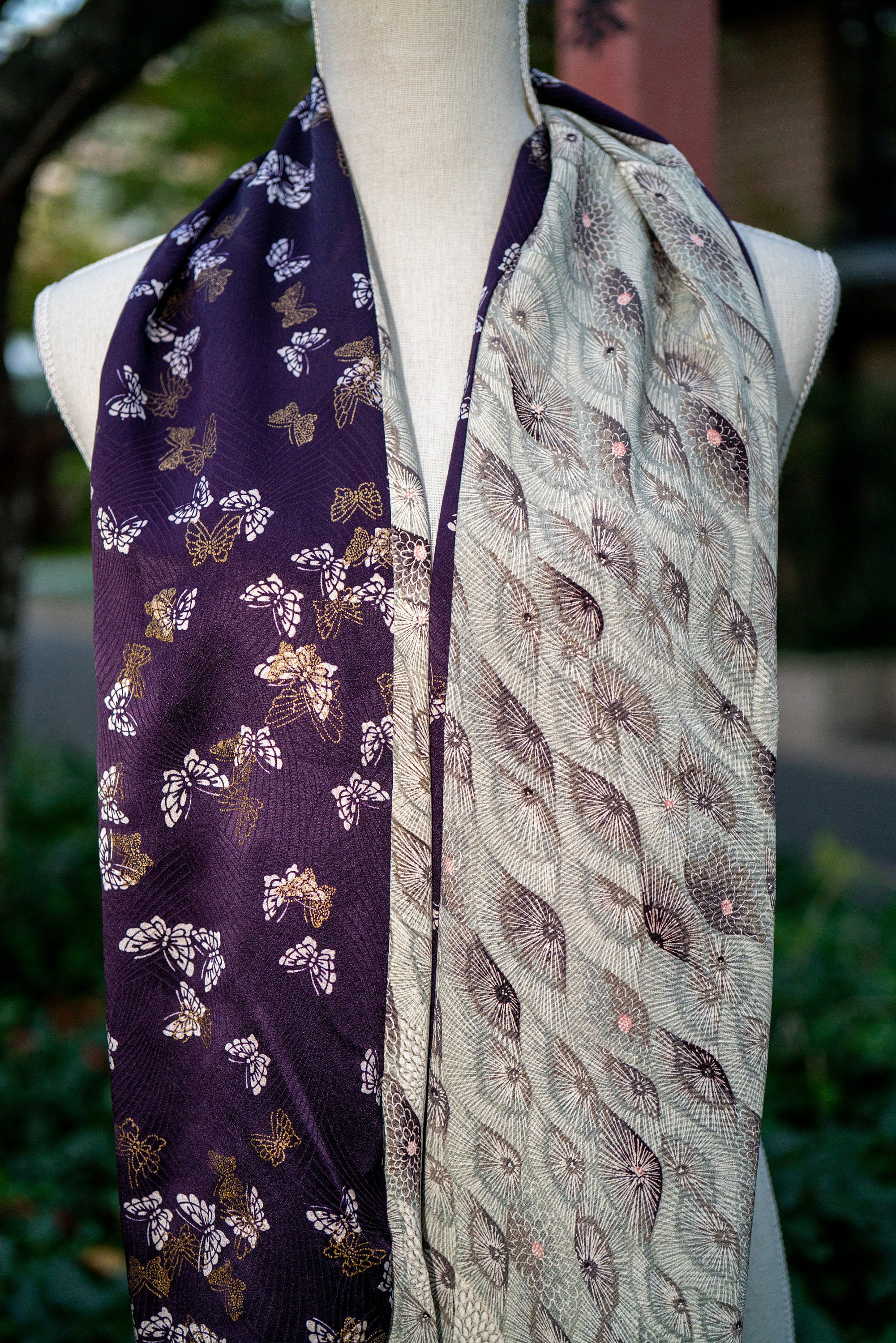 Reversible Hidden Pocket Infinity Scarf made from Vintage Silk Kimonos Purple with Gold Butterflies