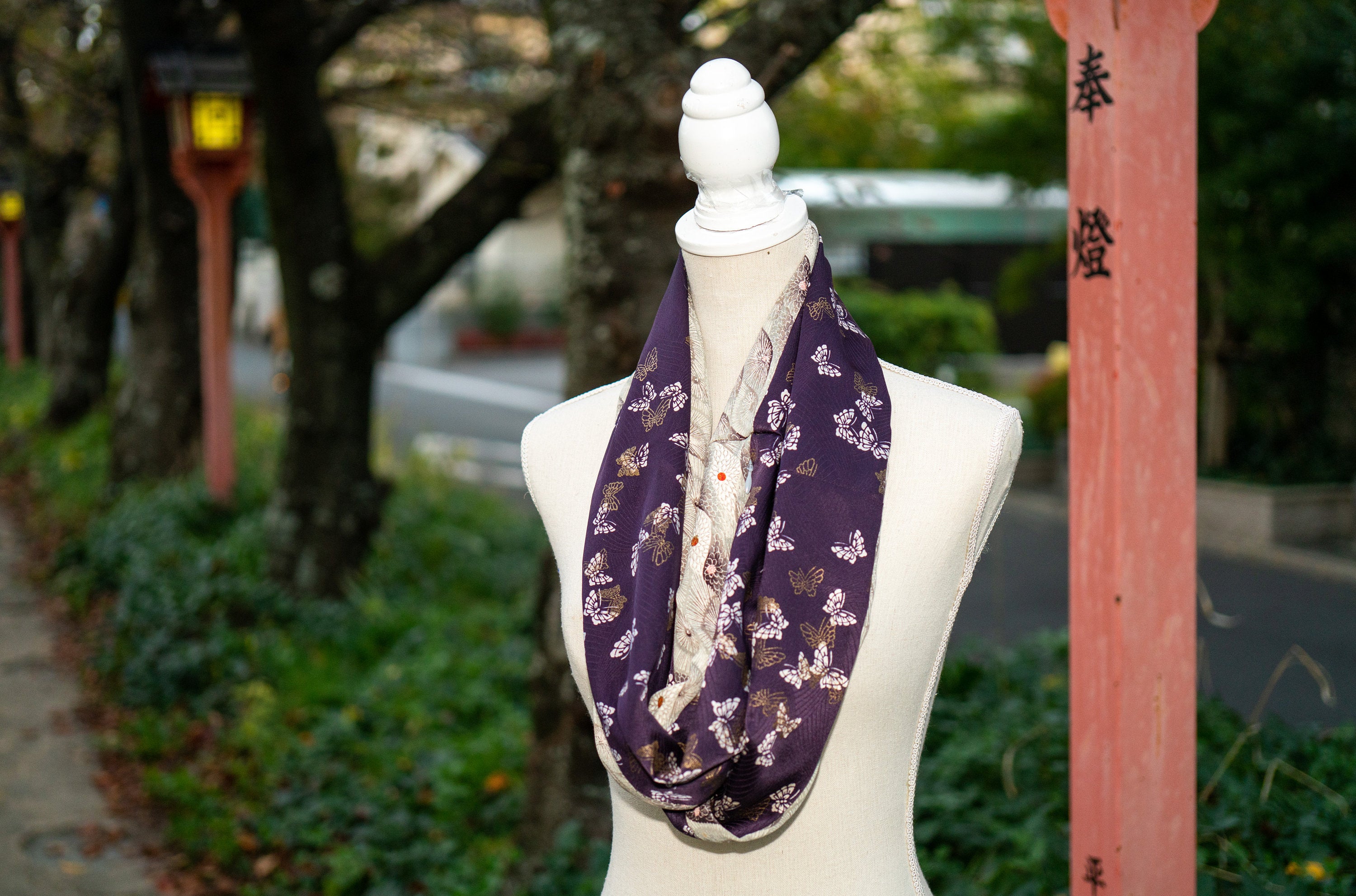 Reversible Hidden Pocket Infinity Scarf made from Vintage Silk Kimonos Purple with Gold Butterflies