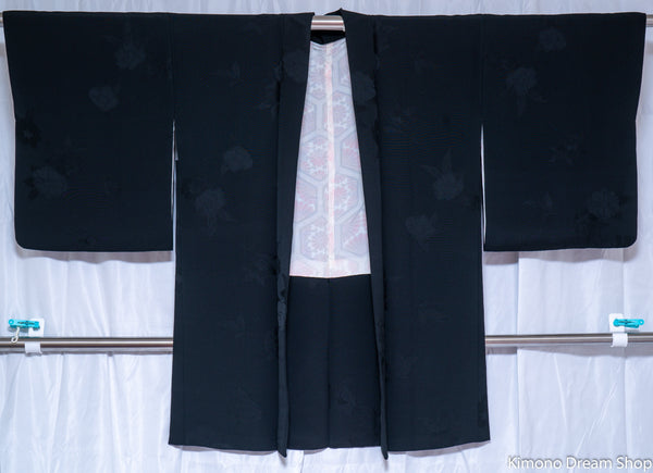 Black Silk Haori - Vintage Kimono Jacket - Iromuji Single Color Floral ...