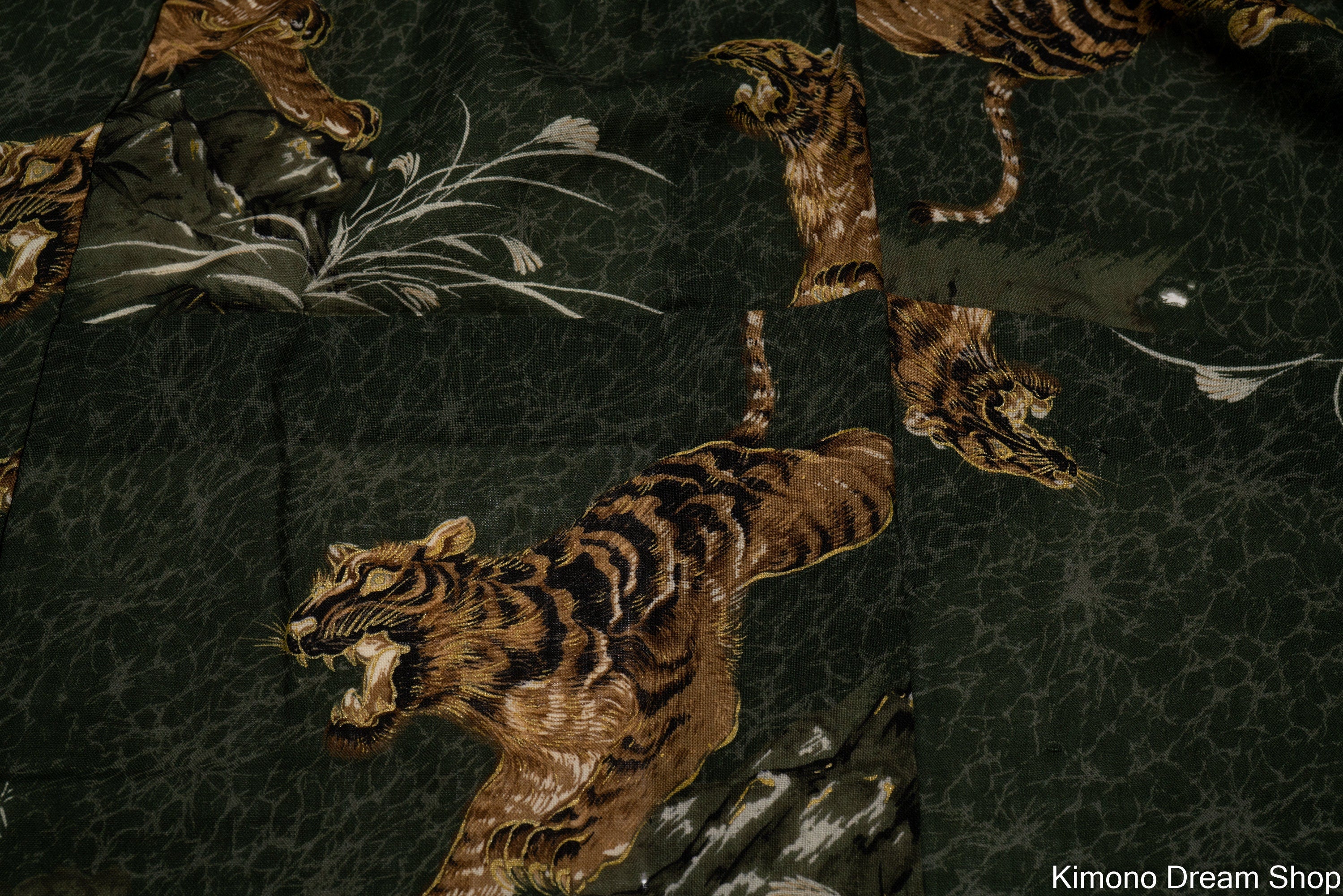 Running Tigers on Green Men's Juban - Vintage Wool Black Kimono Underwear - Traditional Japanese Dansei Nagajuban