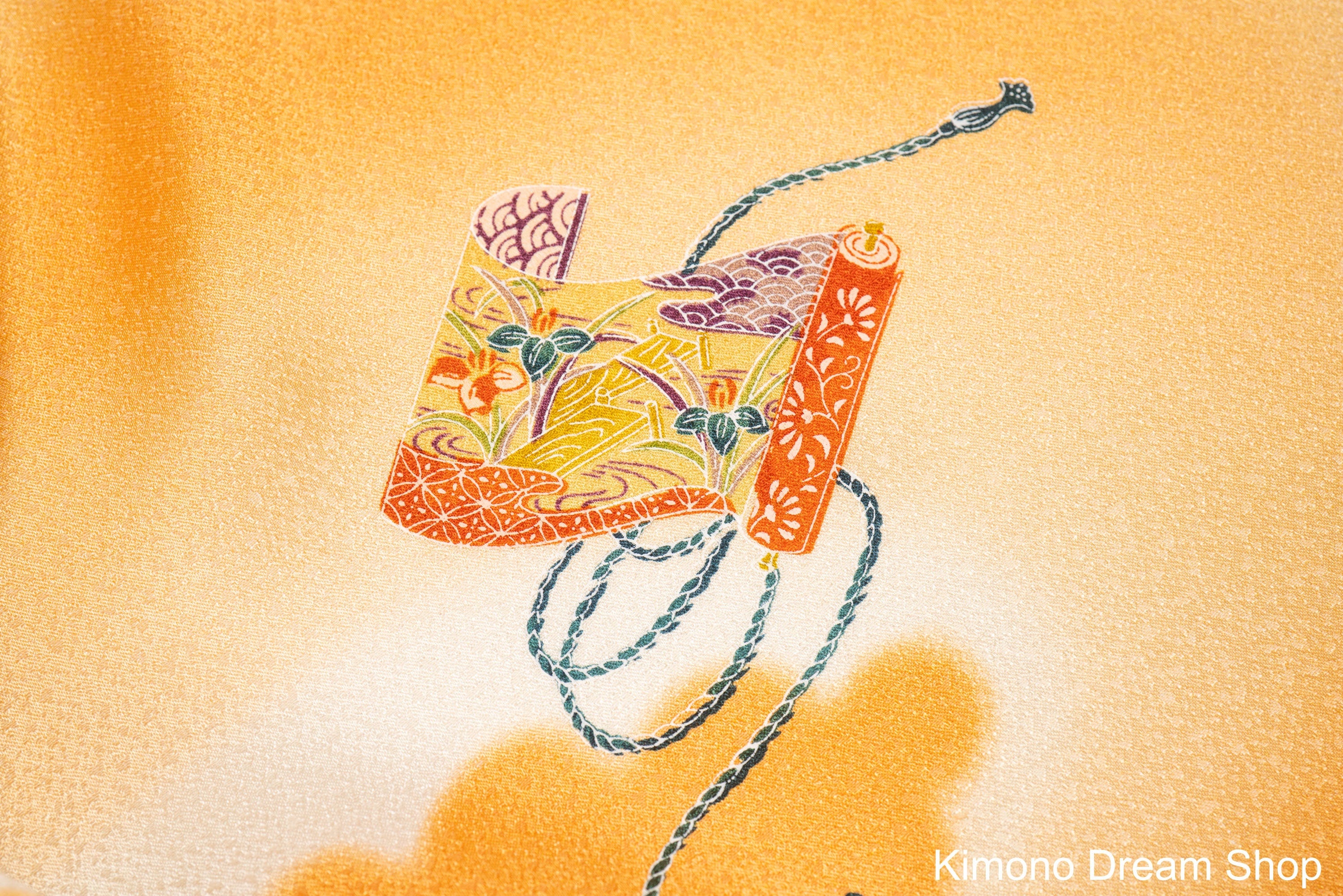 Reclaimed Kimono Fabric - Vintage Japanese Silk - Fluffy Orange Clouds with Traditional Japanese Scrolls - Destitched Komon Kimono Fabric