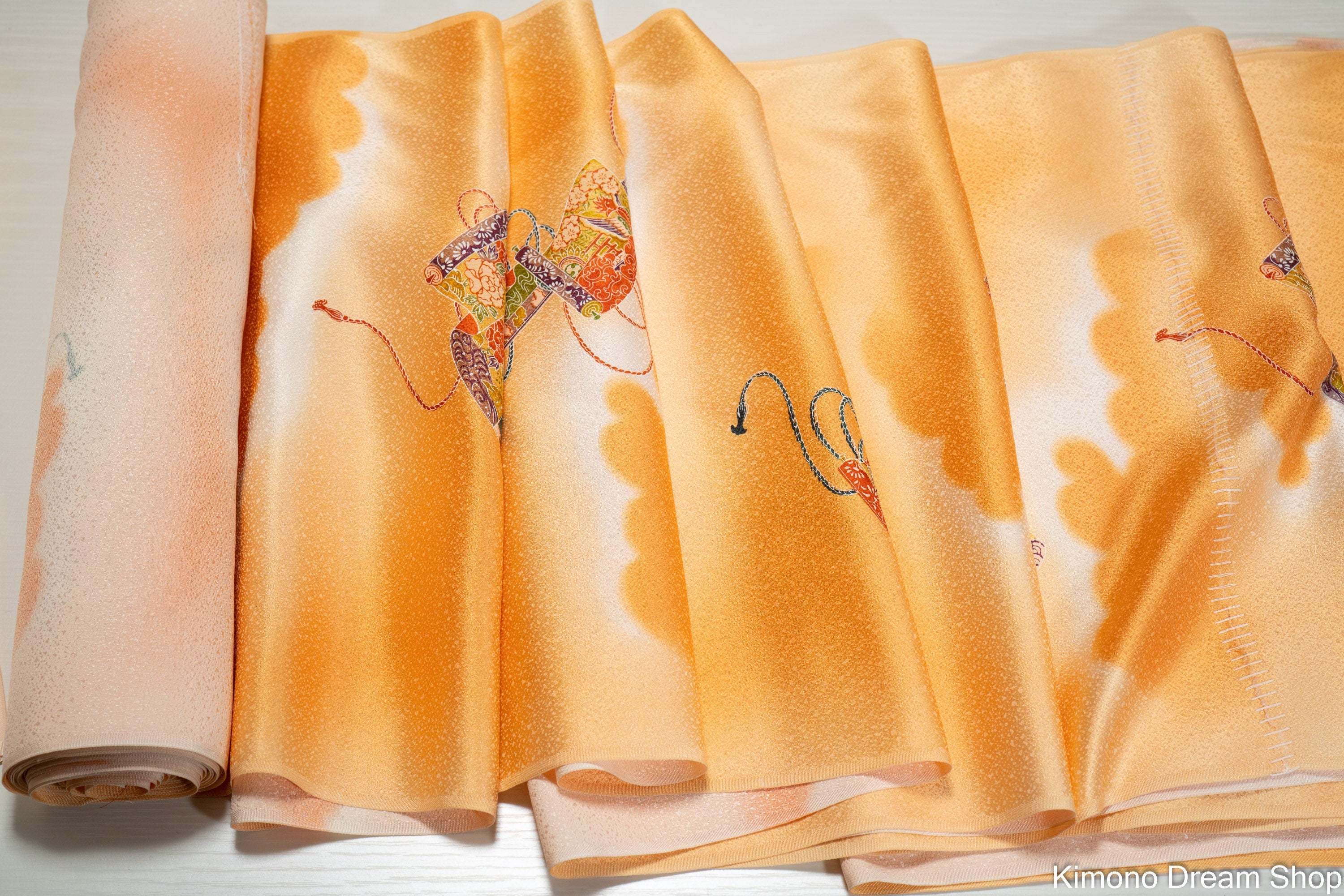 Reclaimed Kimono Fabric - Vintage Japanese Silk - Fluffy Orange Clouds with Traditional Japanese Scrolls - Destitched Komon Kimono Fabric