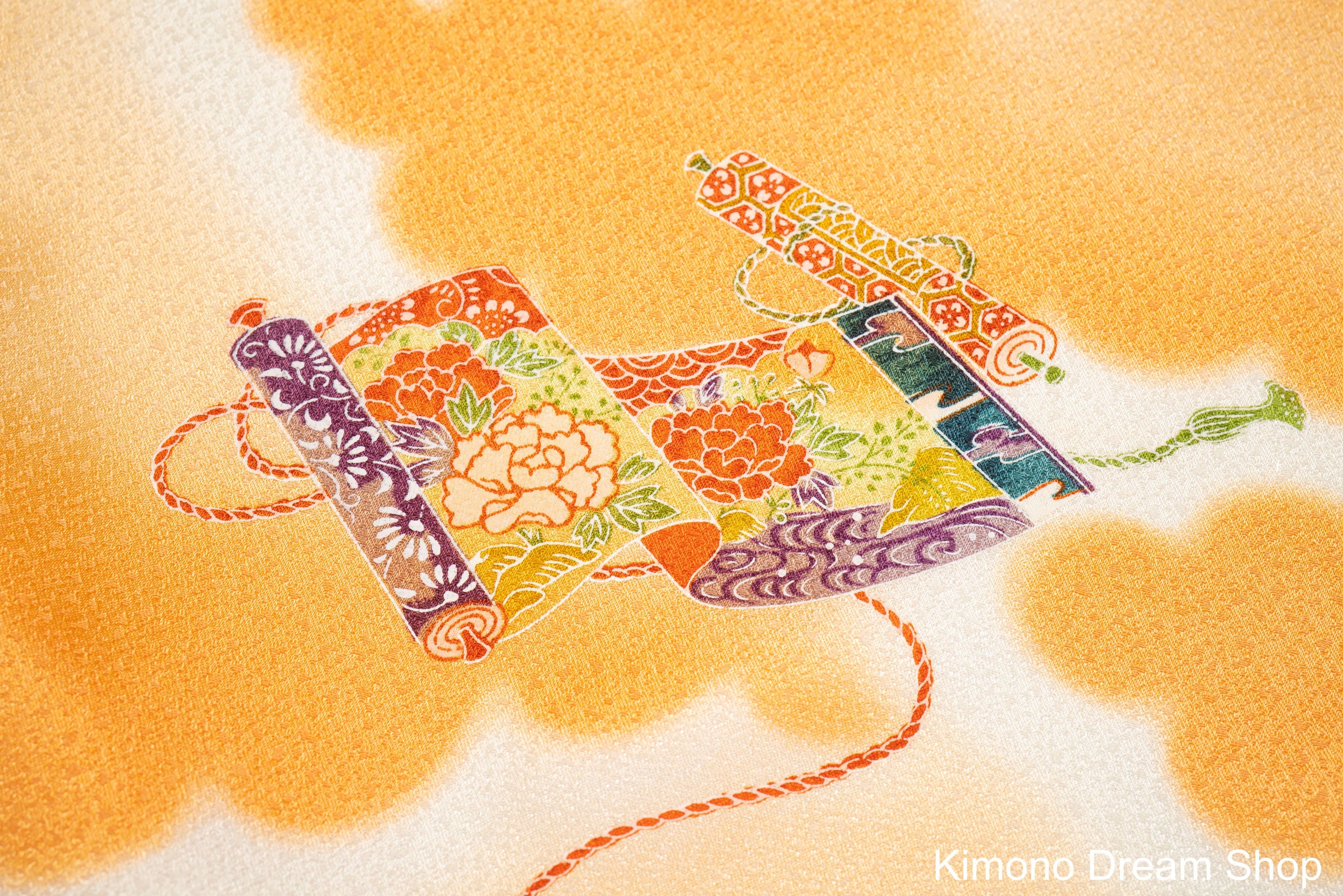 Reclaimed Kimono Fabric - Vintage Japanese Silk - Fluffy Orange Clouds with Traditional Japanese Scrolls - Destitched Komon Kimono Fabric