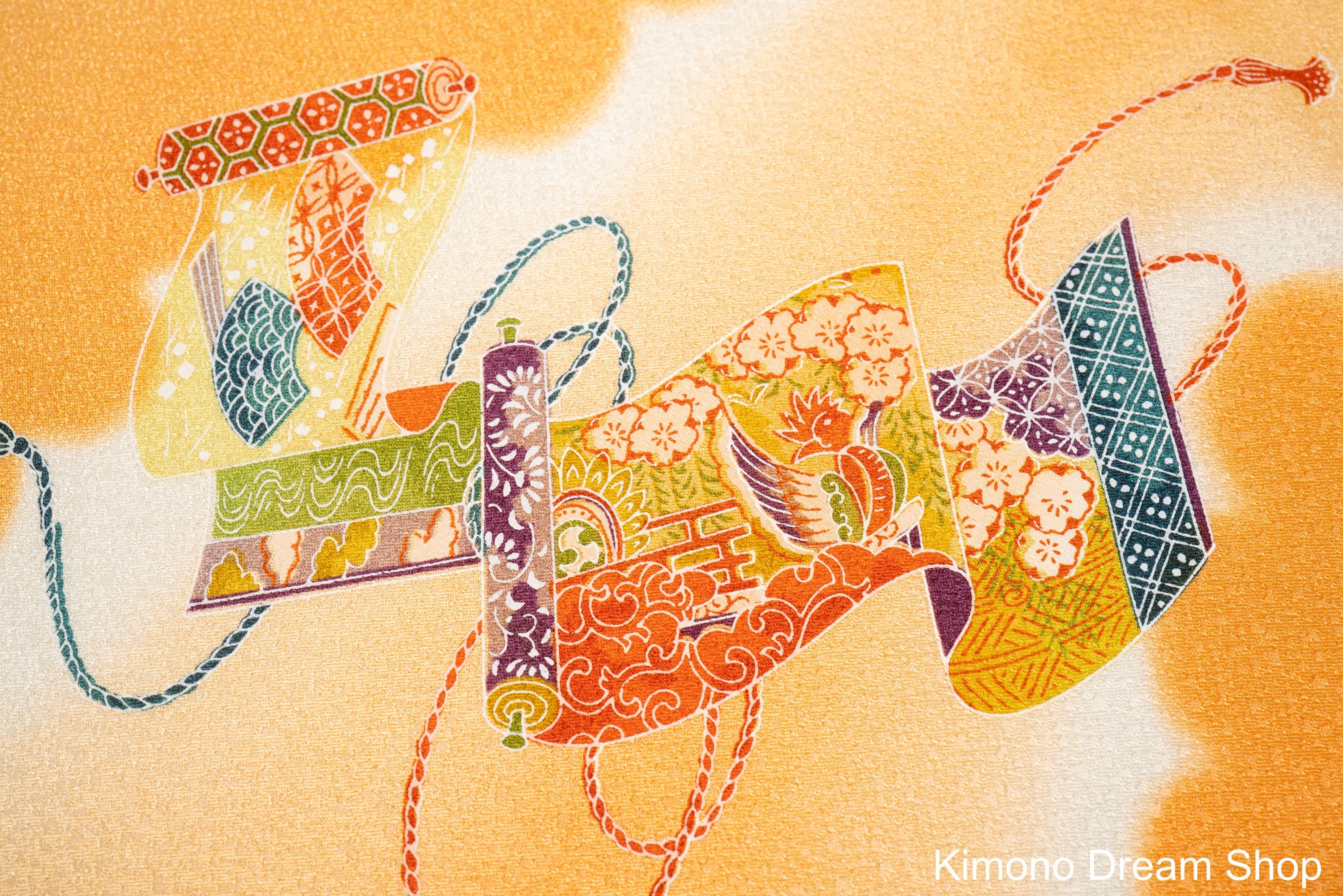 Reclaimed Kimono Fabric - Vintage Japanese Silk - Fluffy Orange Clouds with Traditional Japanese Scrolls - Destitched Komon Kimono Fabric
