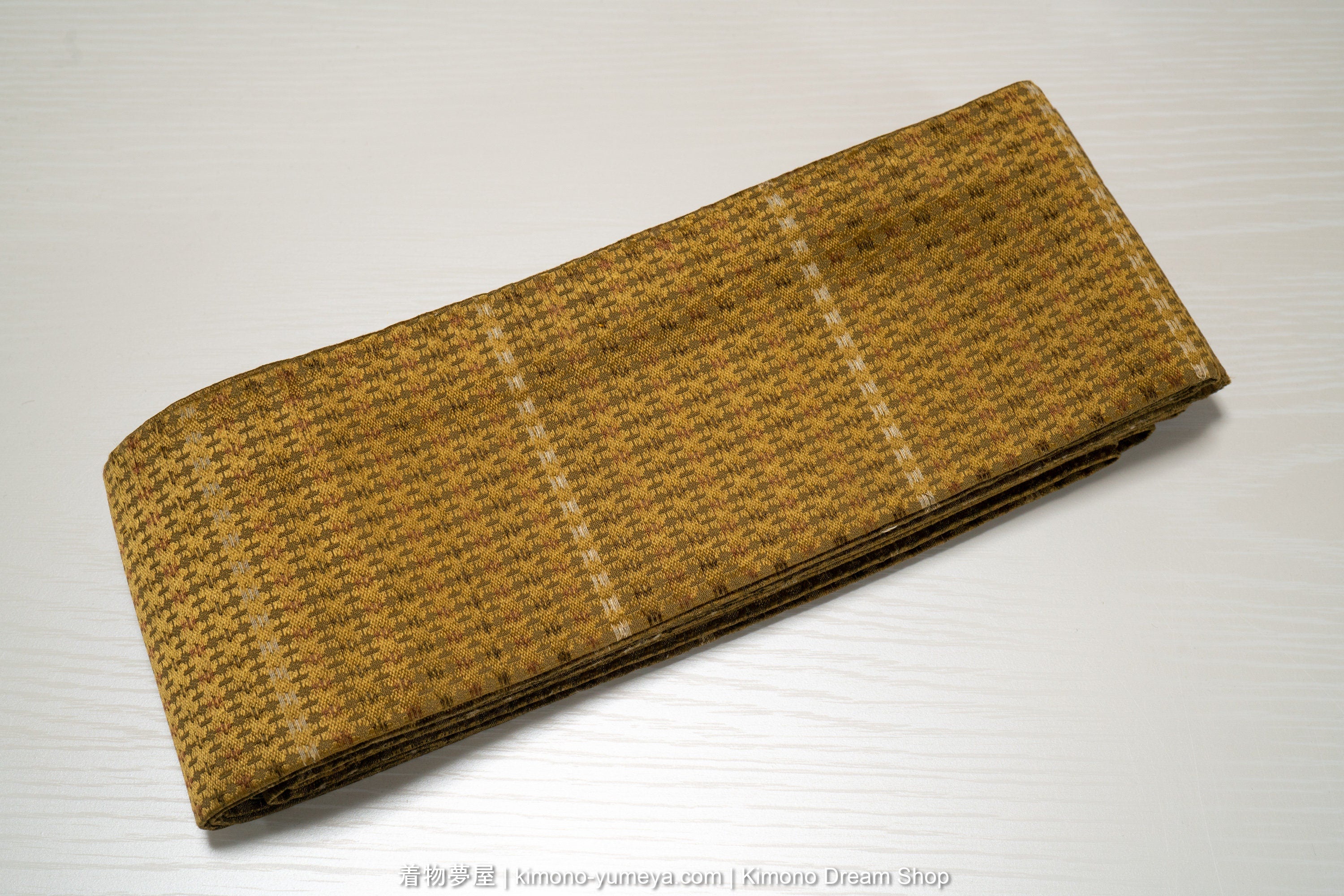 Antique Golden Men's Kaku Obi - Traditional High Quality Silk Kimono Belt for Guys - Unique Geometric Weaving - Earth Tones - Early 1900s