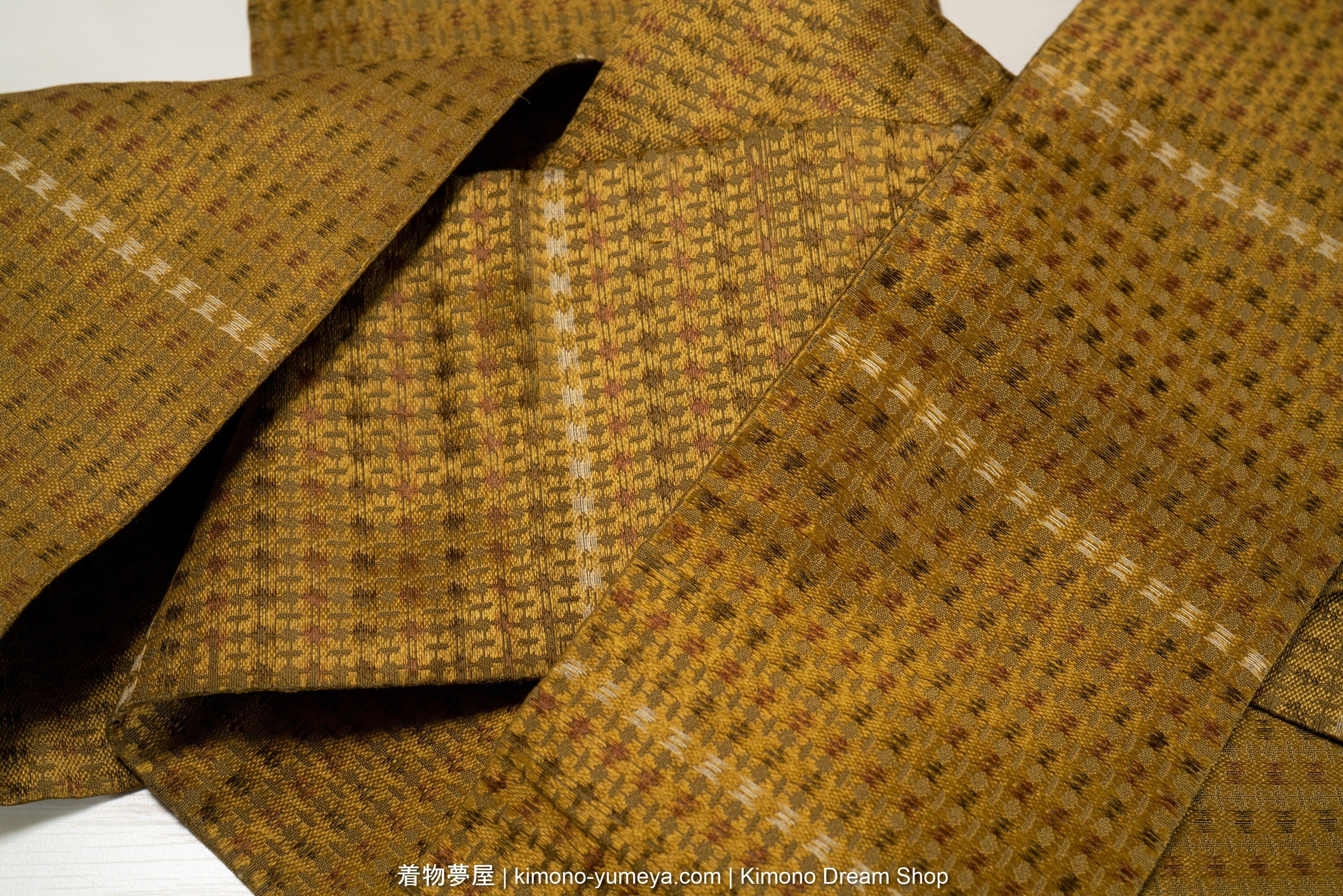 Antique Golden Men's Kaku Obi - Traditional High Quality Silk Kimono Belt for Guys - Unique Geometric Weaving - Earth Tones - Early 1900s