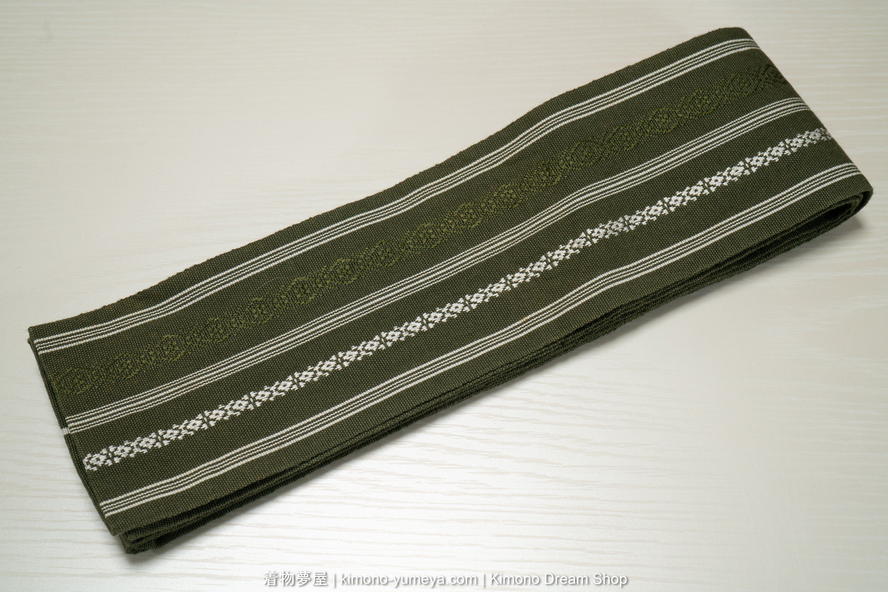Vintage Green Men's Kaku Obi with Kenjogara - Traditional Kimono Belt from Japan - White Geometric Threading - Earthy Green Kenjogara