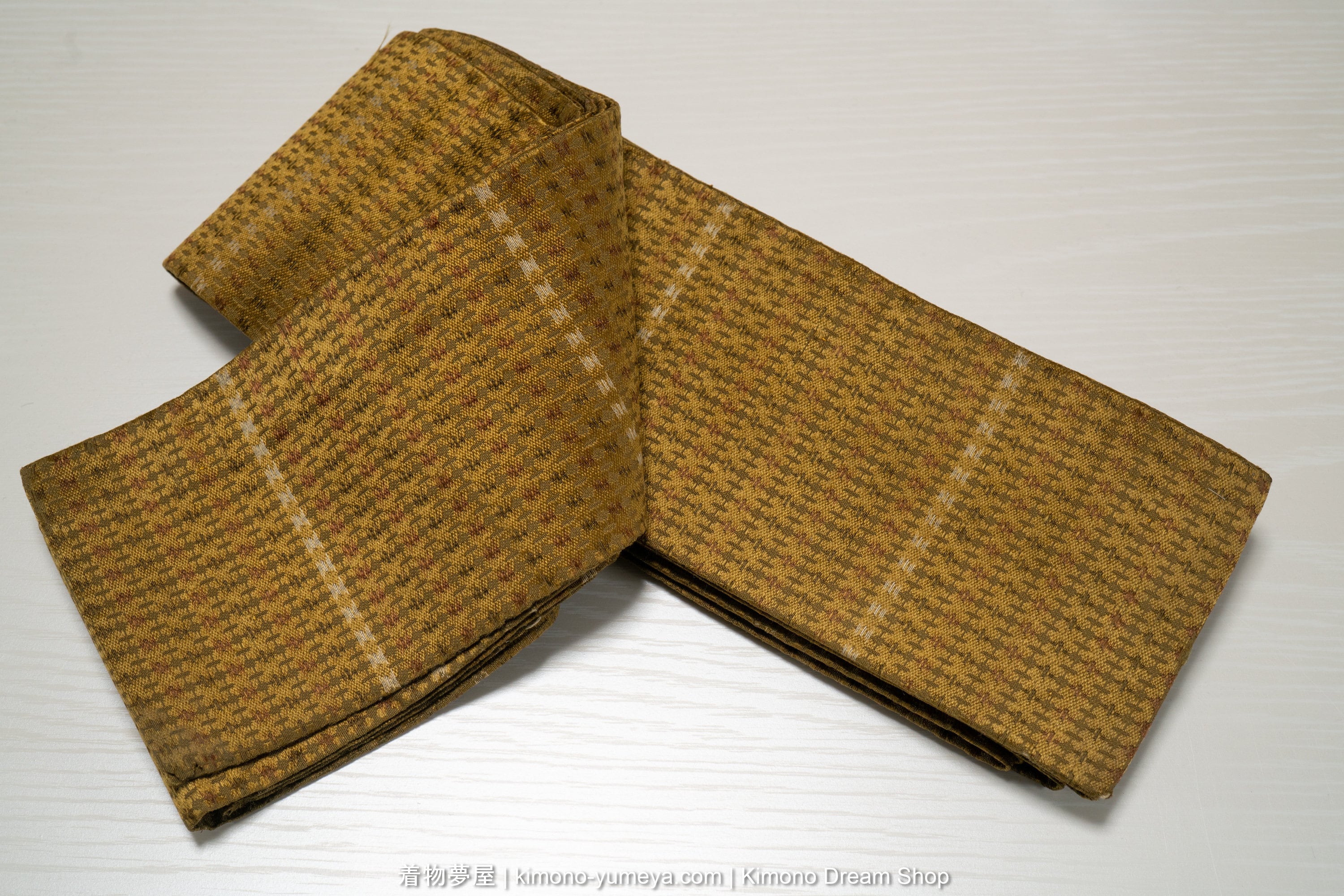 Antique Golden Men's Kaku Obi - Traditional High Quality Silk Kimono Belt for Guys - Unique Geometric Weaving - Earth Tones - Early 1900s