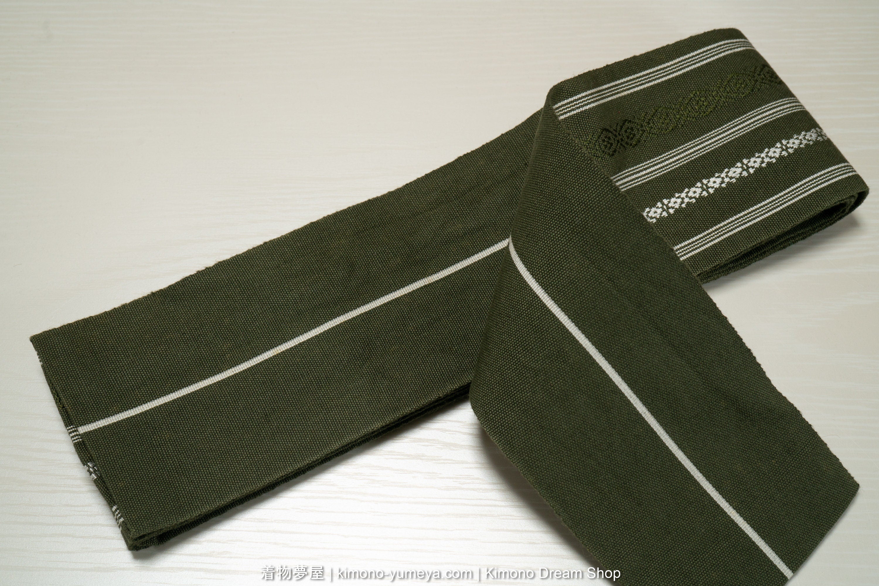 Vintage Green Men's Kaku Obi with Kenjogara - Traditional Kimono Belt from Japan - White Geometric Threading - Earthy Green Kenjogara