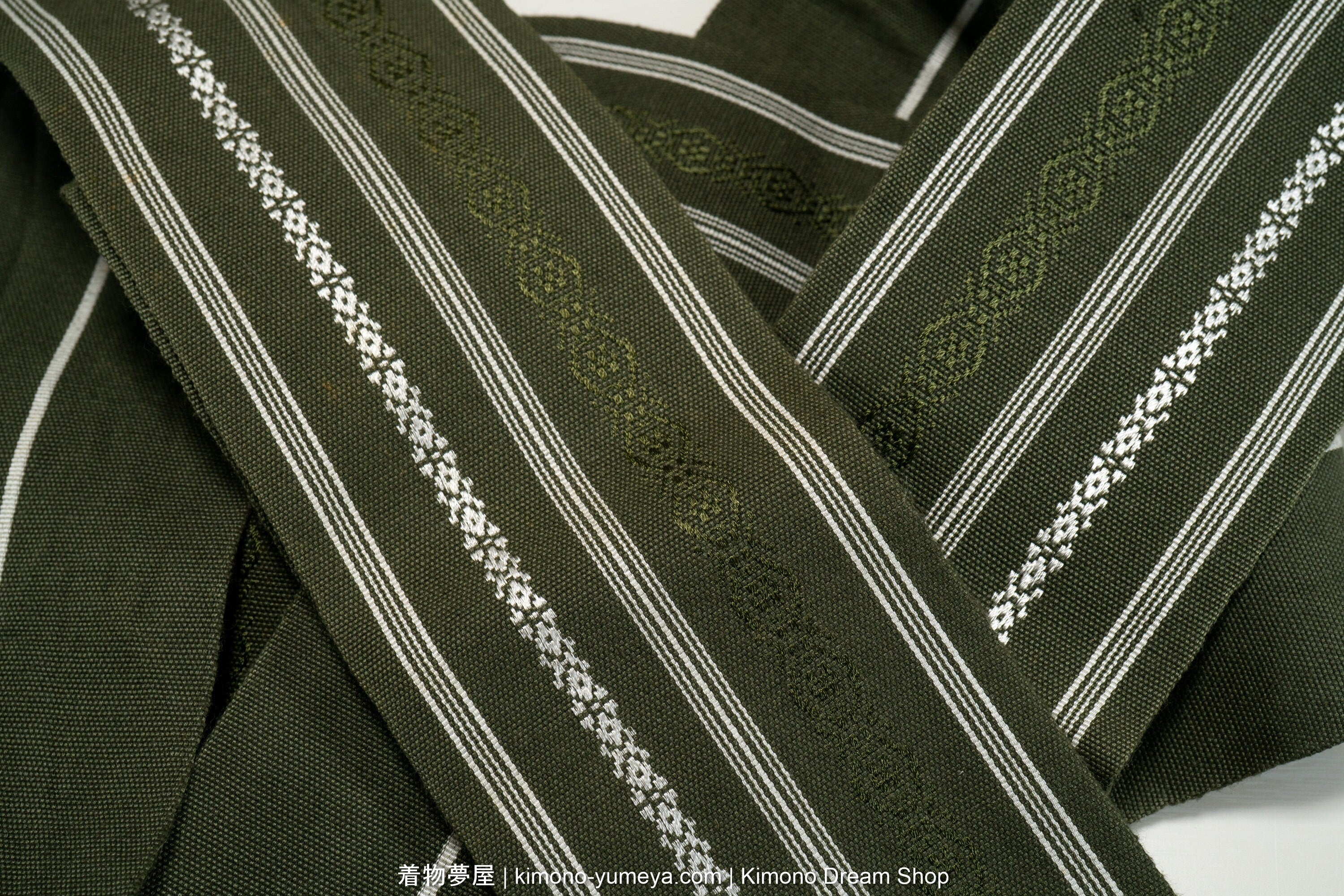 Vintage Green Men's Kaku Obi with Kenjogara - Traditional Kimono Belt from Japan - White Geometric Threading - Earthy Green Kenjogara