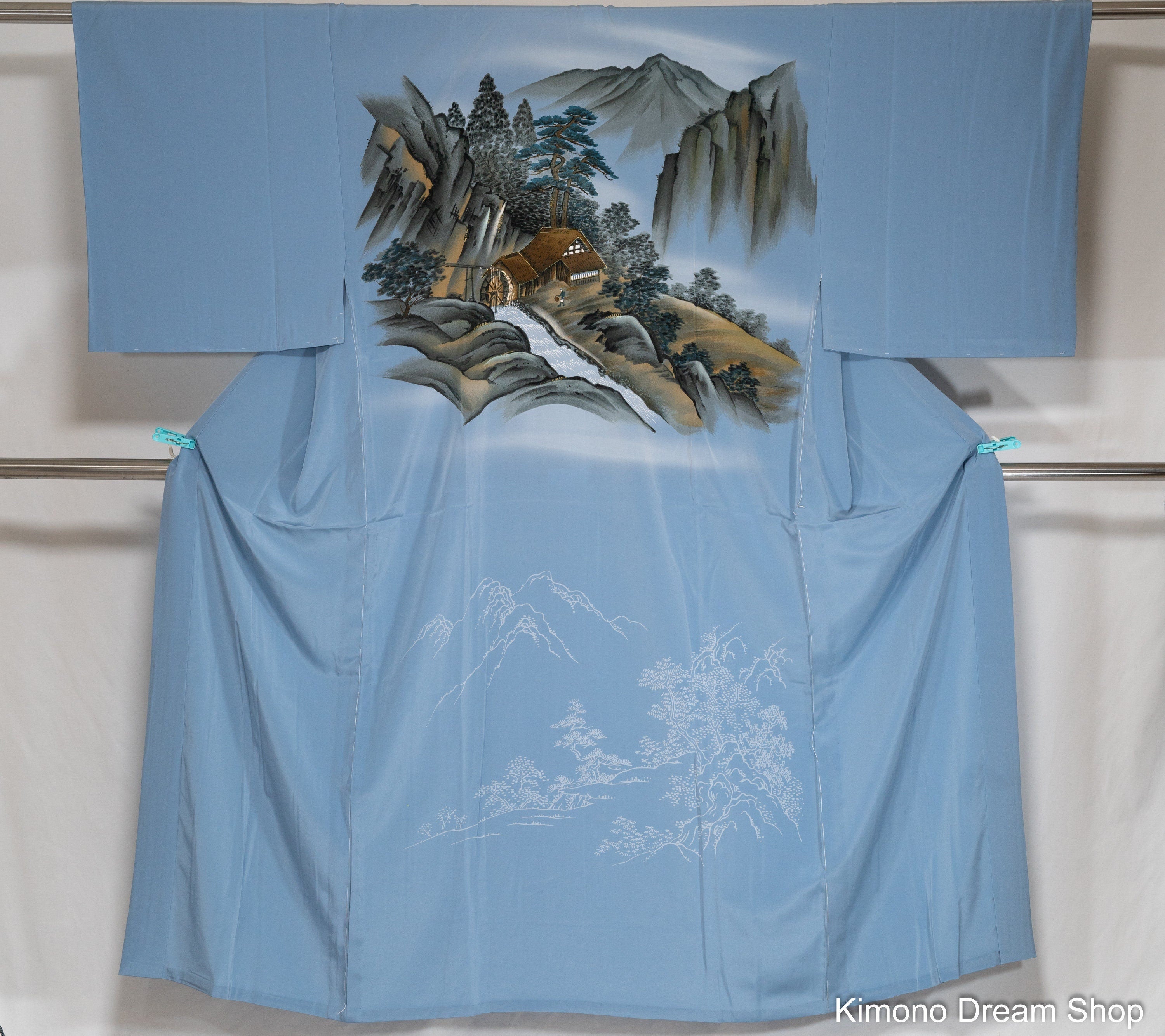 Shiny Silk Men's Juban - Traditional Japanese Kimono Underwear - Scenic Grain Mill Next To a River on a Mountain - Mountainous Scenery
