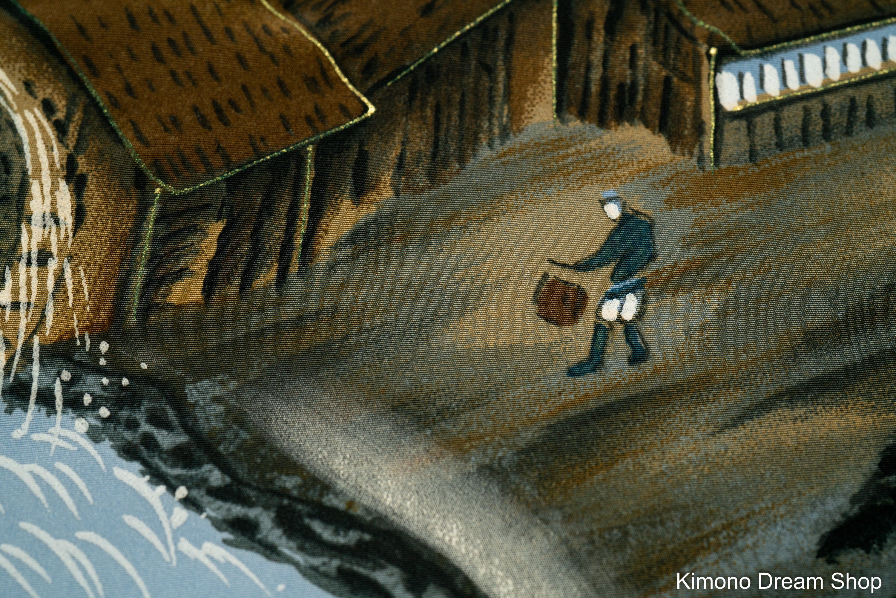 Shiny Silk Men's Juban - Traditional Japanese Kimono Underwear - Scenic Grain Mill Next To a River on a Mountain - Mountainous Scenery